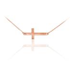 14k Solid Rose Gold Sideways Cross Cute Necklace (16 Inches)