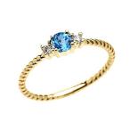 10k Yellow Gold Dainty Solitaire Blue Topaz and White Topaz Rope Desig