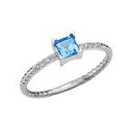 14k White Gold Diamond and Princess Cut Solitaire Blue Topaz Dainty Pr