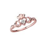 Dainty 14k Rose Gold Open Heart Solitaire CZ Rope Claddagh Promise Rin