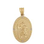 Solid 14k Gold Saint Christopher Diamond Oval Medal Catholic Protectio