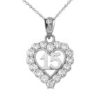 Elegant 14k White Gold Quinceanera Open Heart Charm Pendant Necklace w