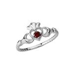 Dainty 14k White Gold Open Heart Solitaire Garnet Rope Claddagh Promis