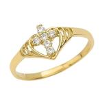 Unique 10k Yellow Gold CZ Studded Open Heart Cross Ring (Size 4)