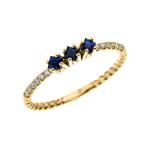 14k Yellow Gold Three Stone Princess Cut Sapphire and Diamond Dainty R