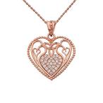 Fine 10k Rose Gold Diamond Filigree Heart with Trinity Knot Pendant Ne