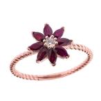 Elegant 10k Rose Gold Diamond Daisy Rope Promise Ring with Ruby Petals