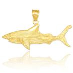Solid 10k Yellow Gold Textured Charm Great White Shark Pendant Necklac
