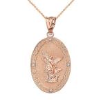 10k Rose Gold Saint Michael The Archangel Diamond Oval Medal Necklace