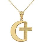 High Polish 10k Gold Crescent Moon Cross Pendant Necklace, 18"