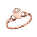 Dainty 10k Rose Gold Claddagh Rope-Style Ring (Size 7)