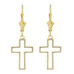 Elegant 10k Yellow Gold Two-Sided Beaded Open Cross Earrings