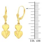 Solid 10k Yellow Gold Two Stacked Hearts Love Dangle Earrings