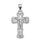 Elegant Russian Orthodox Save and Protect Cross Pendant in 14k White G