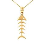 Fine 14k Gold Fishbone Fish Bones Skeleton Pendant Necklace, 16"