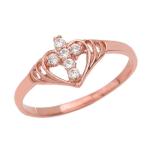 Unique 10k Rose Gold CZ Studded Open Heart Cross Ring (Size 8)