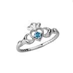 Dainty 14k White Gold Open Heart Solitaire Blue Topaz Rope Claddagh Pr