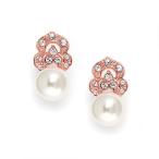 Mariell Rose Gold Zirconia Crystal Pearl Clip On Wedding Earrings for