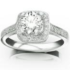 0.56 Carat Classic Square Halo Single Row Pave Set Diamond Engaement R