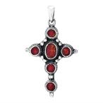 AeraVida Intricate Inlay Circle of Faith Cross Reconstructed Red Coral