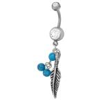 Surgical Steel Clear CZ Jeweled Feather with Simulated Turquoise Stone