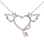 Two-Tone 925 Sterling Silver Devil Heart with Wings Pendant Necklace f