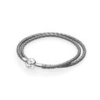 PANDORA Silver Grey Braided-Double Leather Charm Bracelet, 590745CSG-D