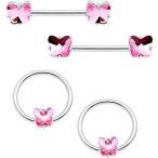 Body Candy 14G Nipplering Piercing Steel 4Pc Pink Accent Butterfly BCR