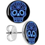 Body Candy Stainless Steel Black Blue Sugar Skull Art Stud Earrings