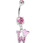 Body Candy Pink Butterfly Initial Dangle Belly Ring Letter W