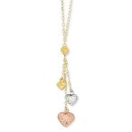 14k Tri Color Yellow White Gold Puff Heart Lariat 2 Inch Extension Cha