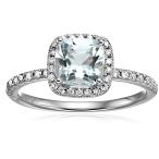 10k White Gold Aquamarine and Diamond Cushion Halo Engagement Ring (1/