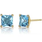 14K Yellow Gold Princess Cut 2.50 Carats Swiss Blue Topaz Stud Earring