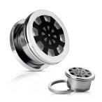 Black Ship Wheel on Mirror Polished Surgical Steel Screw Fit Flesh Wil