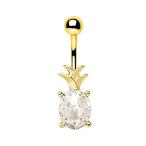 Gold Plated Jeweled Pineapple Belly Button Ring in 316L Stainless Stee