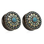 Turquoise Antique Gold Plated Tribal Sun Organic Ebony Wood Double Fla