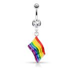 Pierced Owl Gay Pride Rainbow Flag Dangle with Crystal Accent Belly Bu