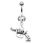 Gun with Clear Gem 14g 316L Stainless Steel Dangle Belly Navel Ring