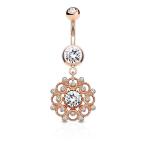 Crystal Paved Vintage Filigree Dangling Belly Button Ring in 316L Stai