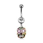 Painted Sugar Skull Dangle Charm Belly Button Navel Ring in 316L Stain