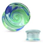Blue and Green Swirl Pyrex Glass Double Flared Ear Plugs - Sold as a P