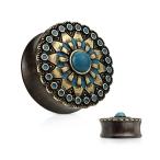 Turquoise and Enamel Tribal Sun Top Organic Ebony Wood Double Flared S