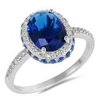 Oval Blue Simulated Sapphire Sideways Halo Ring .925 Sterling Silver B