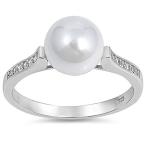 White CZ Simulated Pearl Beautiful Ring New 925 Sterling Silver Band S