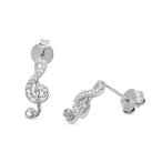 Music Note Treble Clef Earrings Clear Simulated CZ .925 Sterling Silve