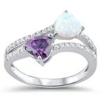 Simulated Amethyst White Simulated Opal Double Heart Ring New .925 Ste