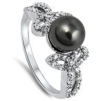 Black Simulated Pearl Clear CZ Ring New .925 Sterling Silver Band Size