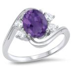 925 Sterling Silver Faceted Natural Genuine Purple Amethyst Oval Ring