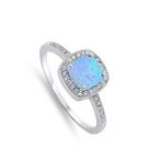 White CZ Blue Simulated Opal Square Halo Ring New .925 Sterling Silver