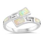 White Simulated Opal Greek Key Cutout Wave Ring .925 Sterling Silver B